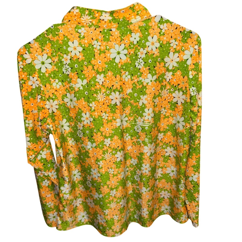 Vintage 70s Floral Button Up Shirt Green Orange Daisy Print Zipper Pockets L - Picture 2 of 4